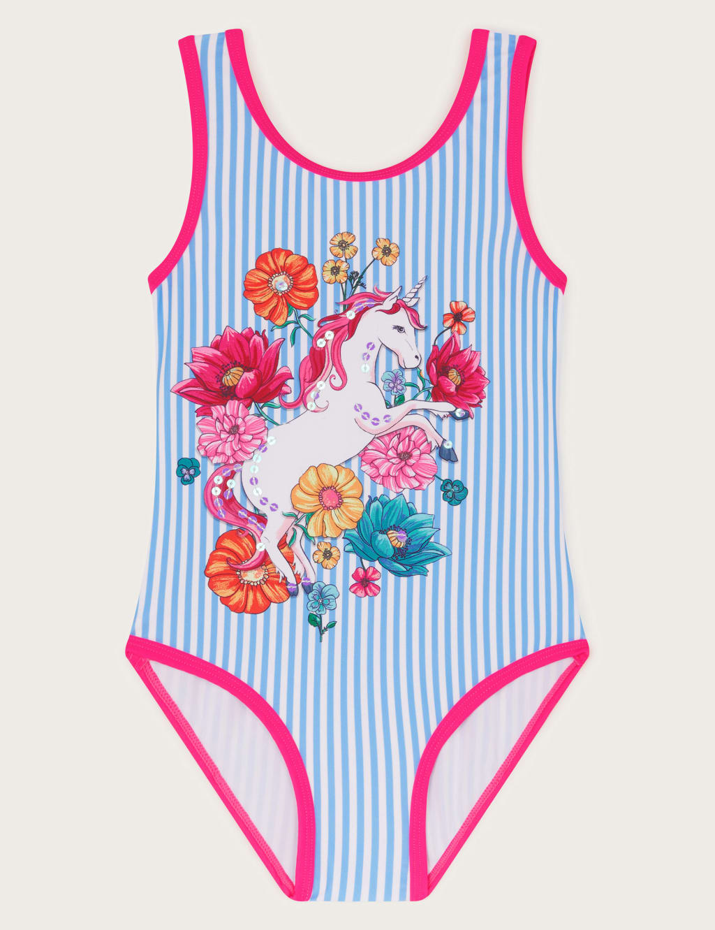 Monsoon Girls Striped Unicorn Swimsuit (3-13 Yrs) - 7-8 Y - Blue Mix, Blue Mix