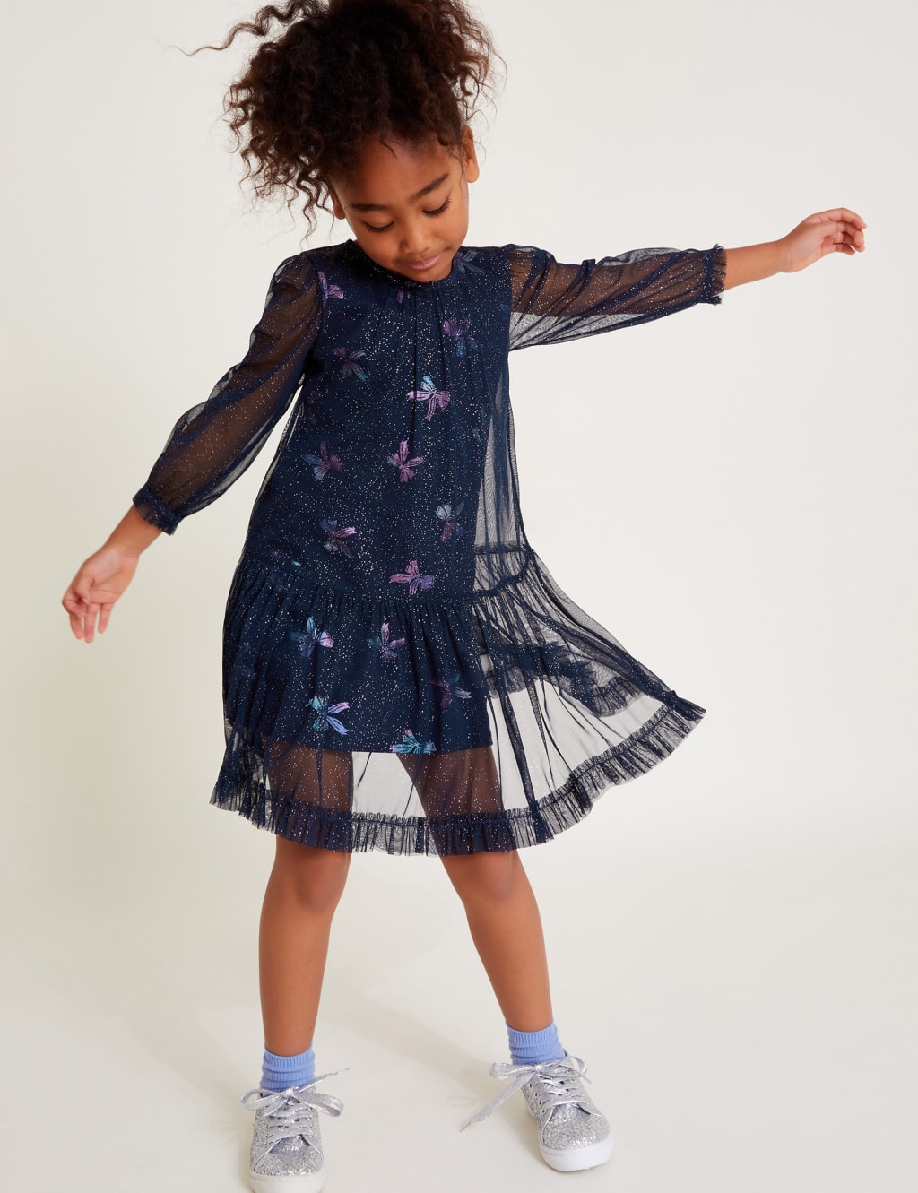 Mesh Bow Print Flare Dress (3-15 Yrs)