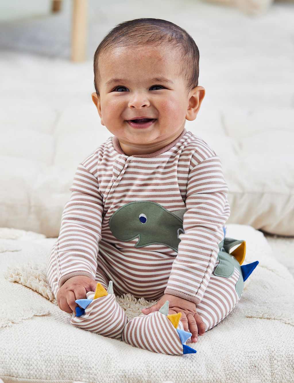 Pure Cotton Striped Dino Zip Sleepsuit (0-12 Mths)