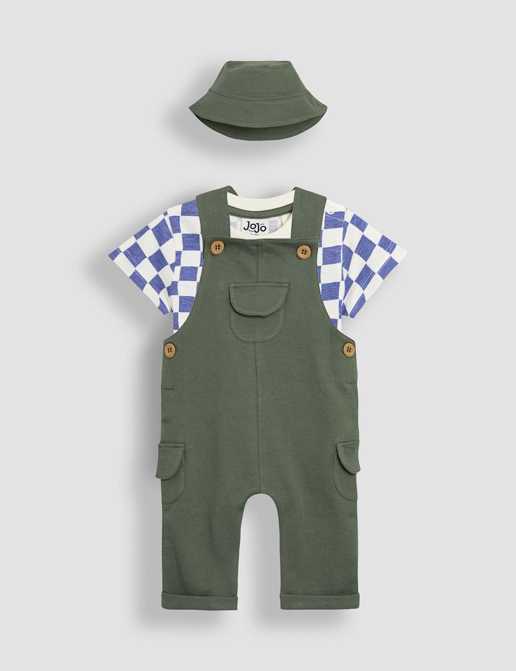 Jojo Maman Bébé Boys 3pc Pure Cotton Dungarees Outfit (0-24 Mths) - 3-6M - Khaki Mix, Khaki Mix