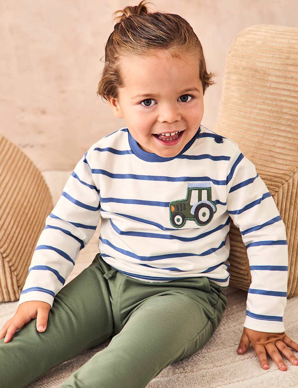 Jojo Maman Bébé Boys Pure Cotton Tractor Applique Striped Top (0-5 Yrs) - 3-4 Y - Ecru Mix, Ecru Mix