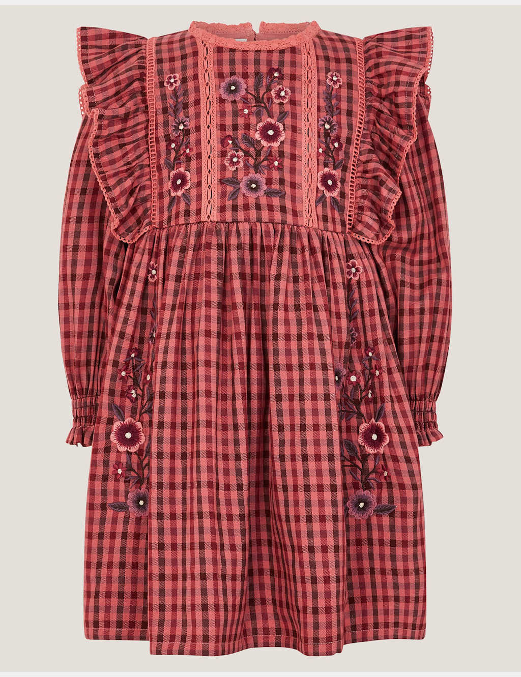 Monsoon Floral Embroidered Check Dress (3-15 Yrs) Brown