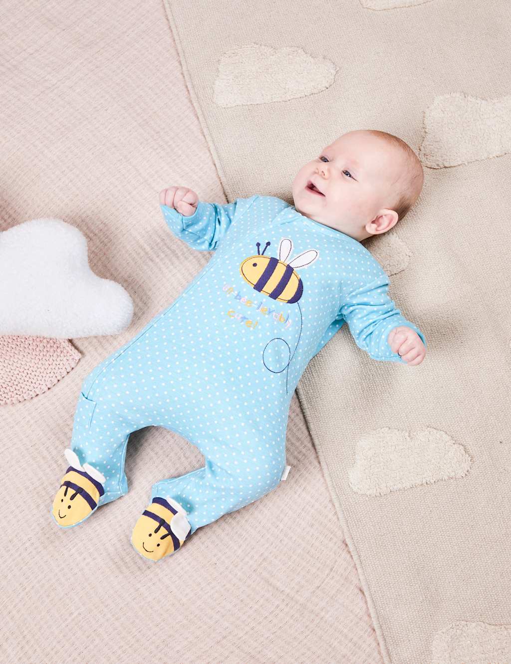 Pure Cotton Spot Bee Applique Zip Sleepsuit (0-12 Mths)