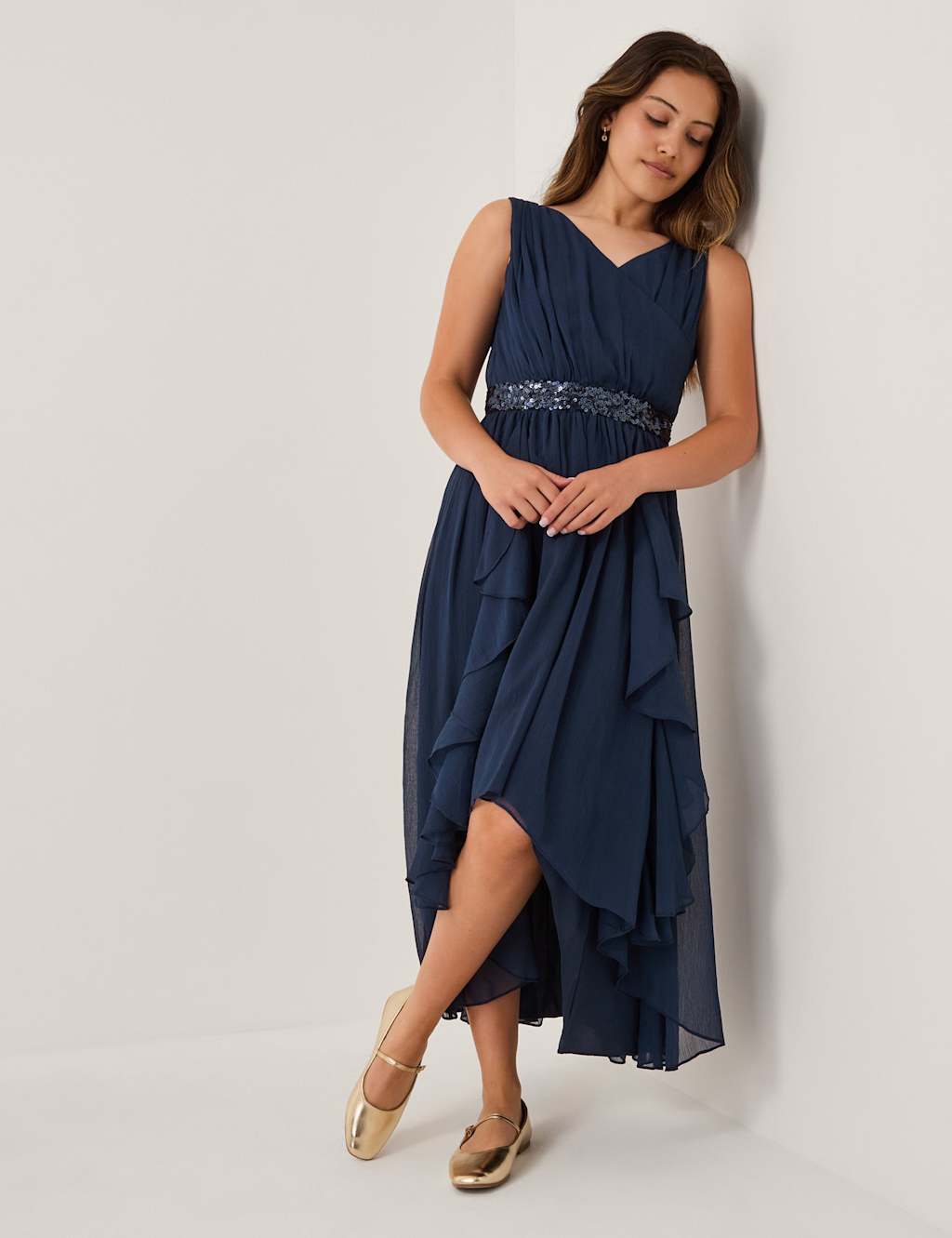 Monsoon Chiffon Sequin Prom Dress (8-15 Yrs) Navy