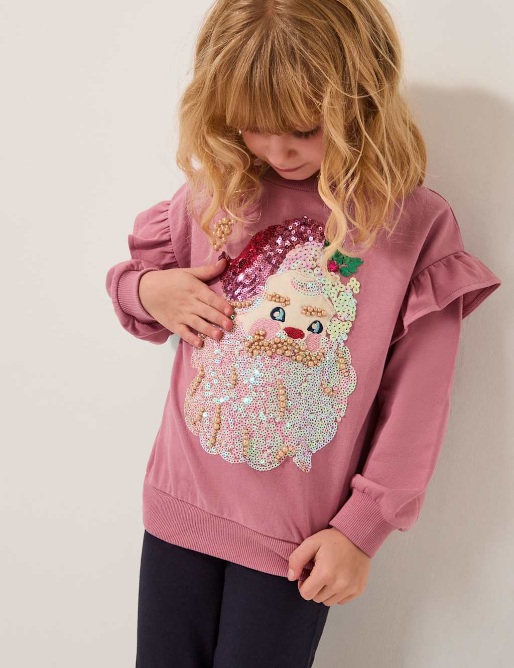 Monsoon Pure Cotton Sequin Santa Jumper (3-13 Yrs) Pink Mix