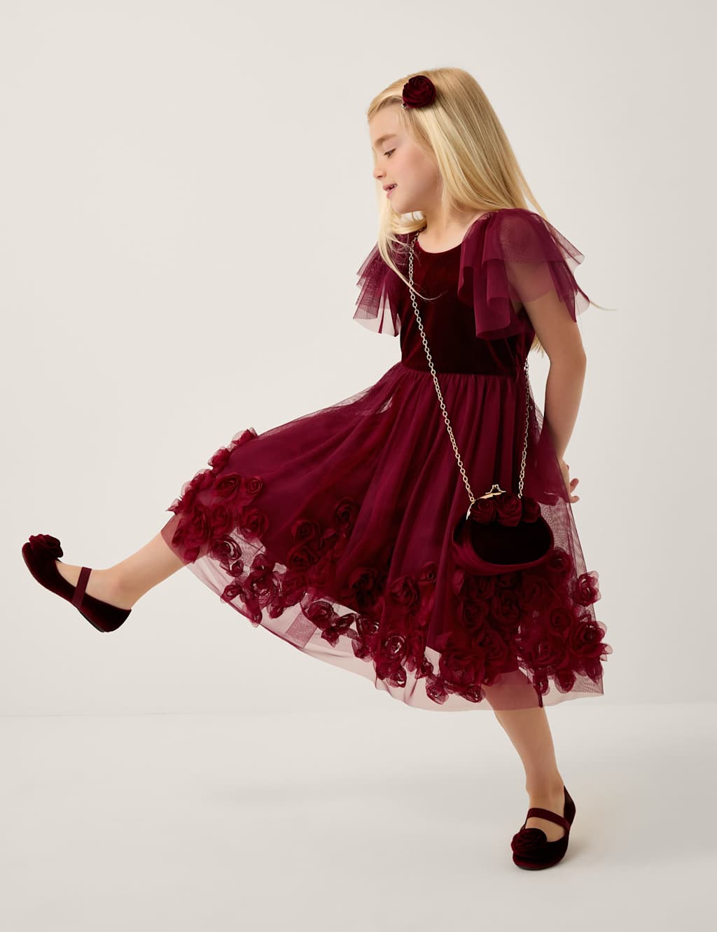 Monsoon Velvet Rose Applique Dress (3-15 Yrs) Burgundy