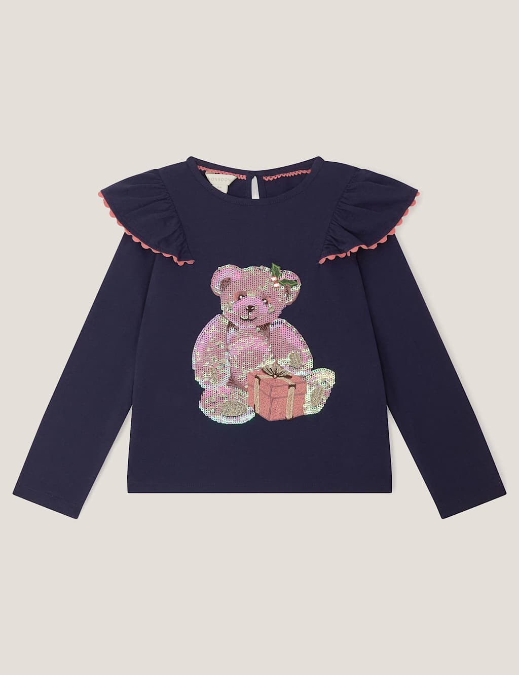 Monsoon Pure Cotton Christmas Sequin Bear T-Shirt (3-13 Yrs) Navy Mix