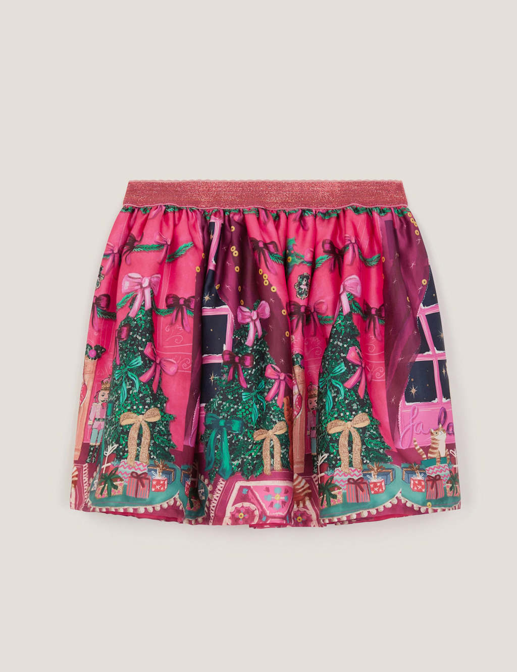 Monsoon Satin Christmas Print Skater Skirt (5-13 Yrs) Pink Mix