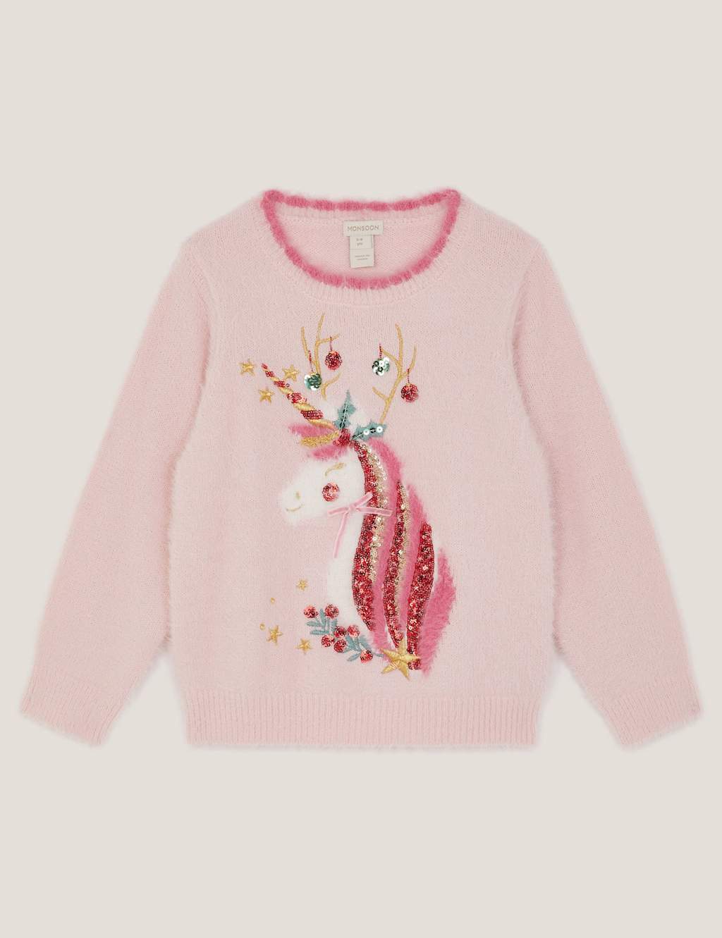 Monsoon Unicorn Knitted Christmas Jumper (3-13 Yrs) Pink Mix