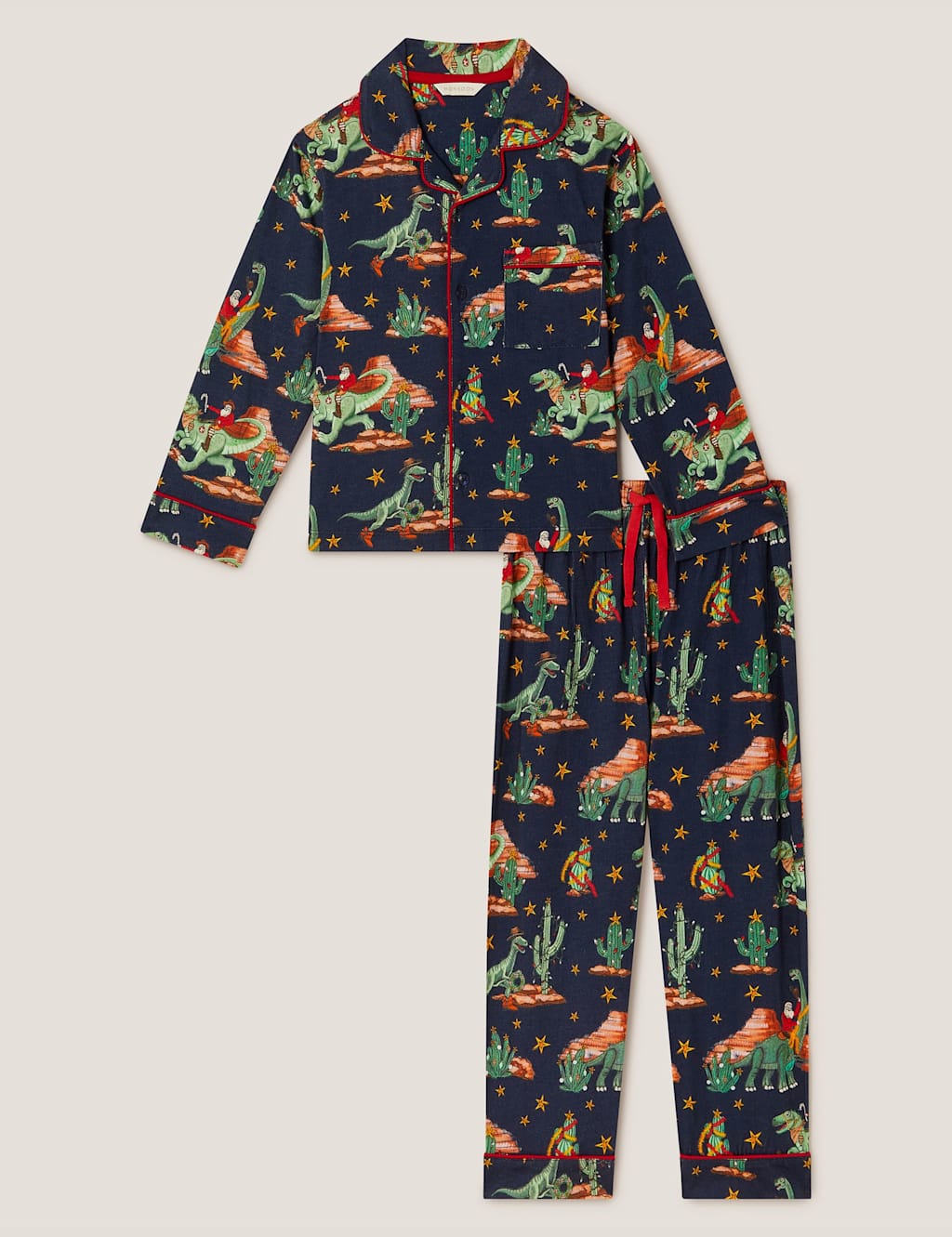 Monsoon Jersey Christmas Dinosaur & Santa Pyjamas (2-13 Yrs) Navy Mix