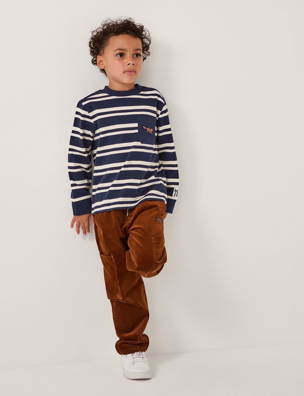 Monsoon Pure Cotton Striped Fox Embroidery T-Shirt (2-13 Yrs) Blue Mix