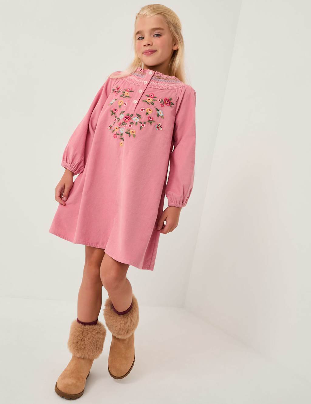 Monsoon Cord Floral Embroidered Smocked Dress (2-13 Yrs) Pink Mix