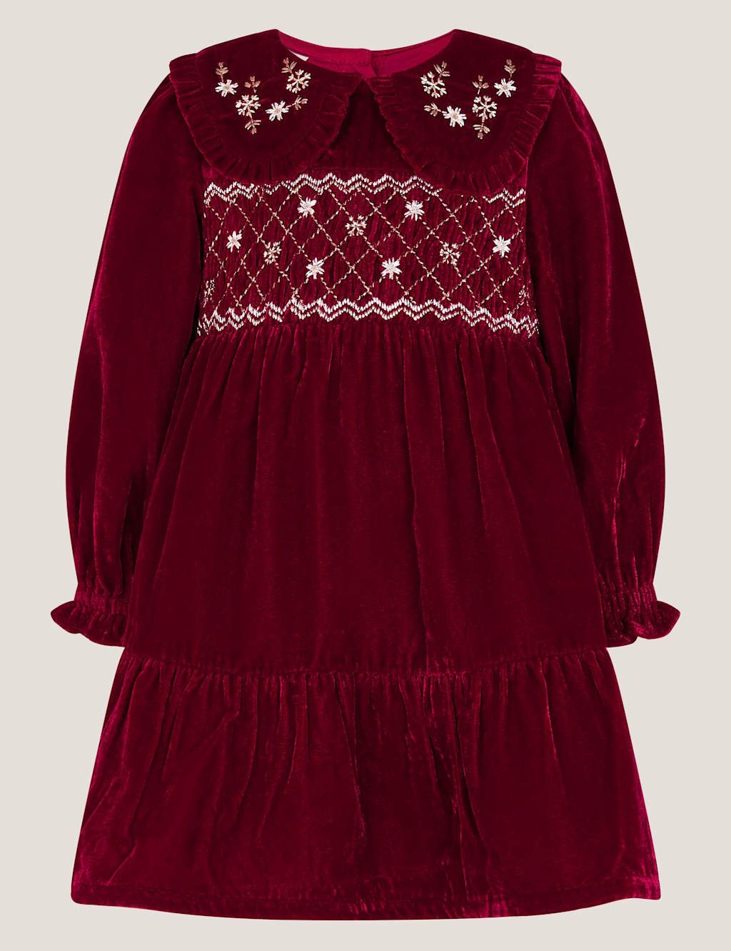 Monsoon Velvet Floral Embroidery Smock Dress (0-24 Mths) Burgundy