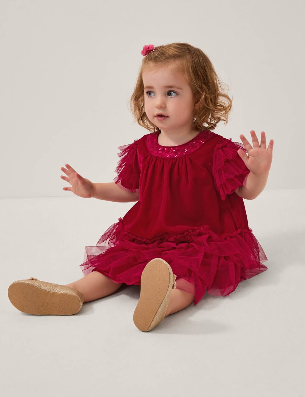 Monsoon Velvet Tiered Tulle Ruffle Party Dress (0-24 Mths) Red