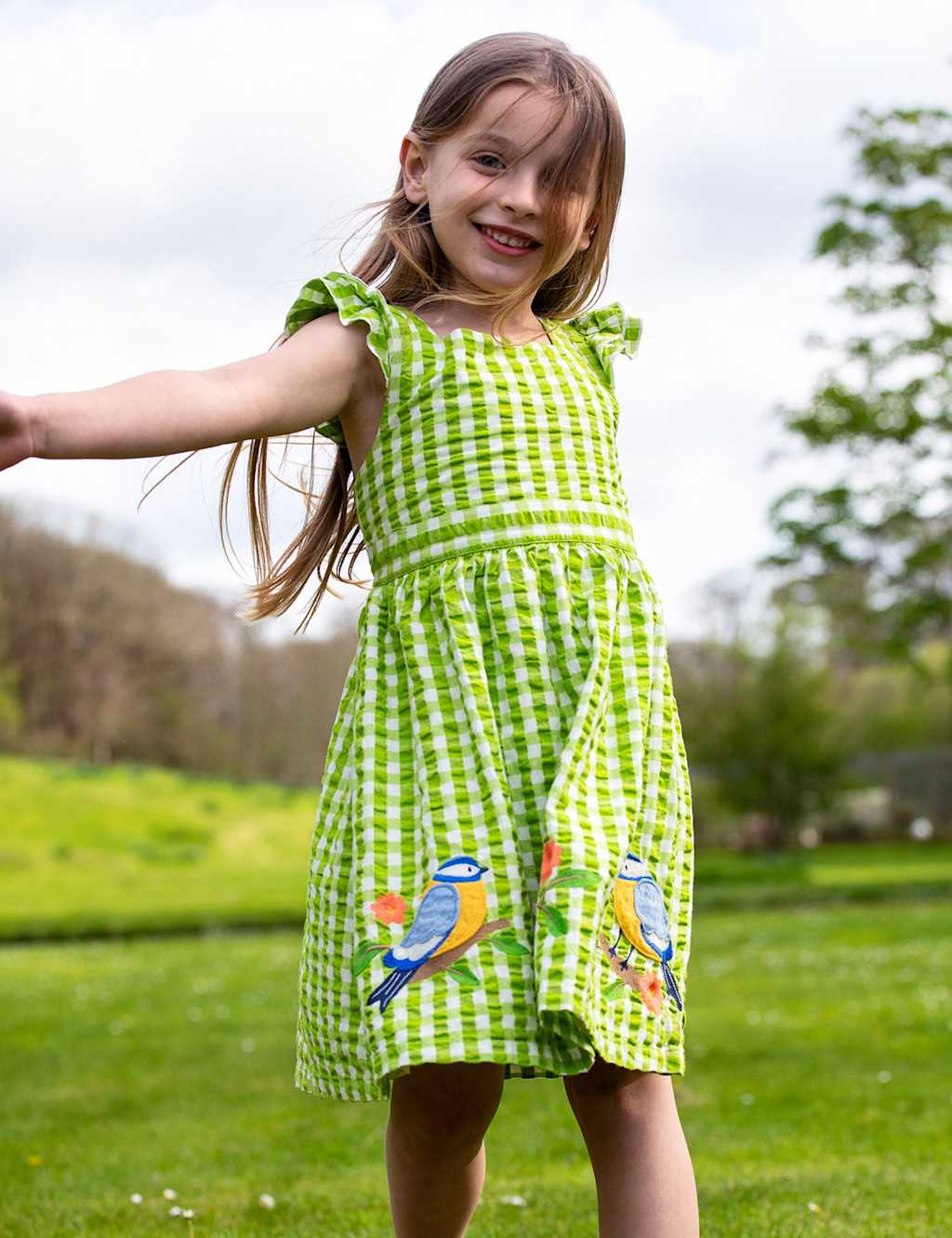 Pure Cotton Gingham Bird Dress (2-10 Yrs)