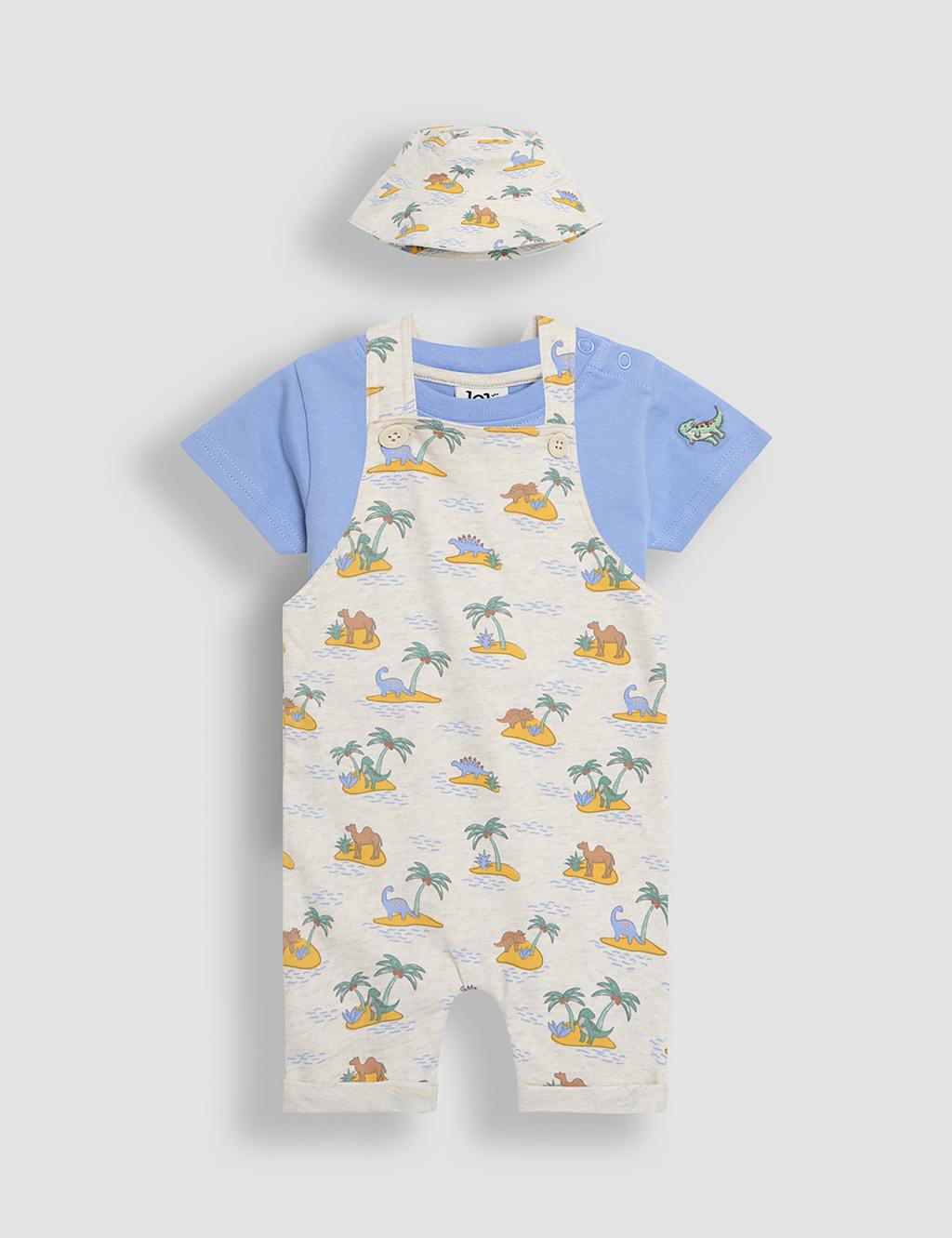 Jojo Maman Bébé Boys 3pc Pure Cotton Dinosaur Dungarees Outfit (3-24 Mths) - 18-24 - Multi, Multi
