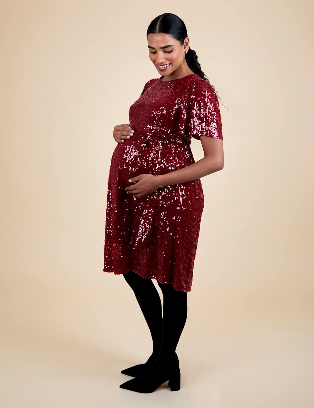 JoJo Maman Bb Maternity Sequin Knee Length Waisted Dress Red Mix