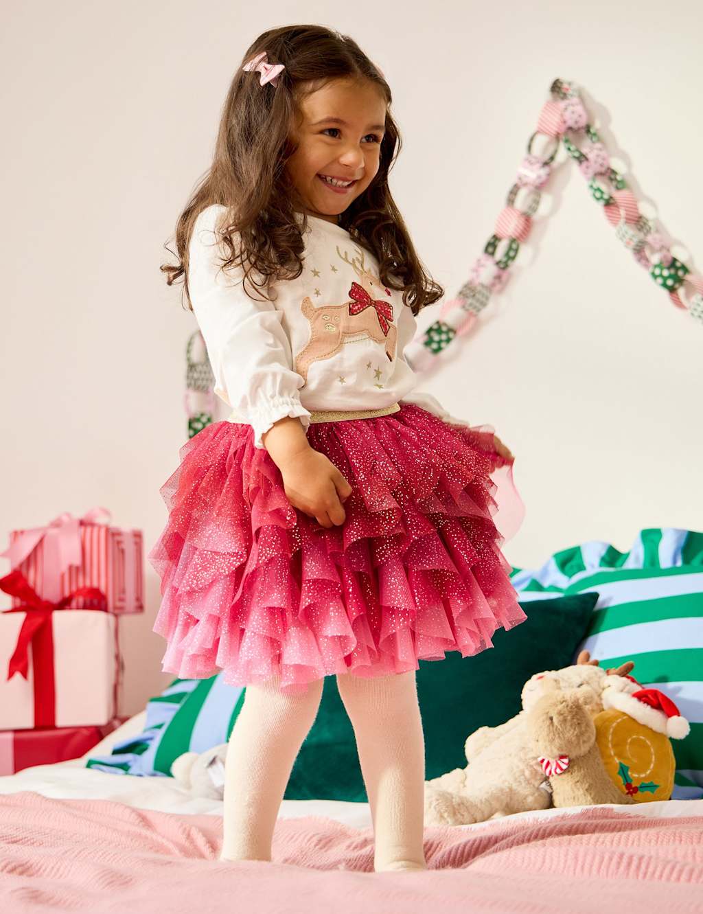 JoJo Maman Bb Pure Cotton Reindeer Top & Tulle Skirt Outfit (6 Mths - 7 Yrs) Pink