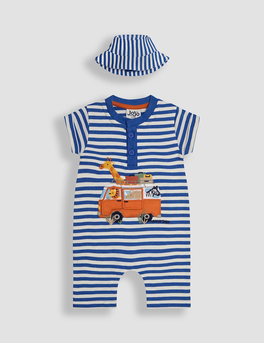 Jojo Maman Bébé Boys 2pc Pure Cotton Safari Romper & Hat (0-24 Mths) - 0-3 M - Navy Mix, Navy Mix