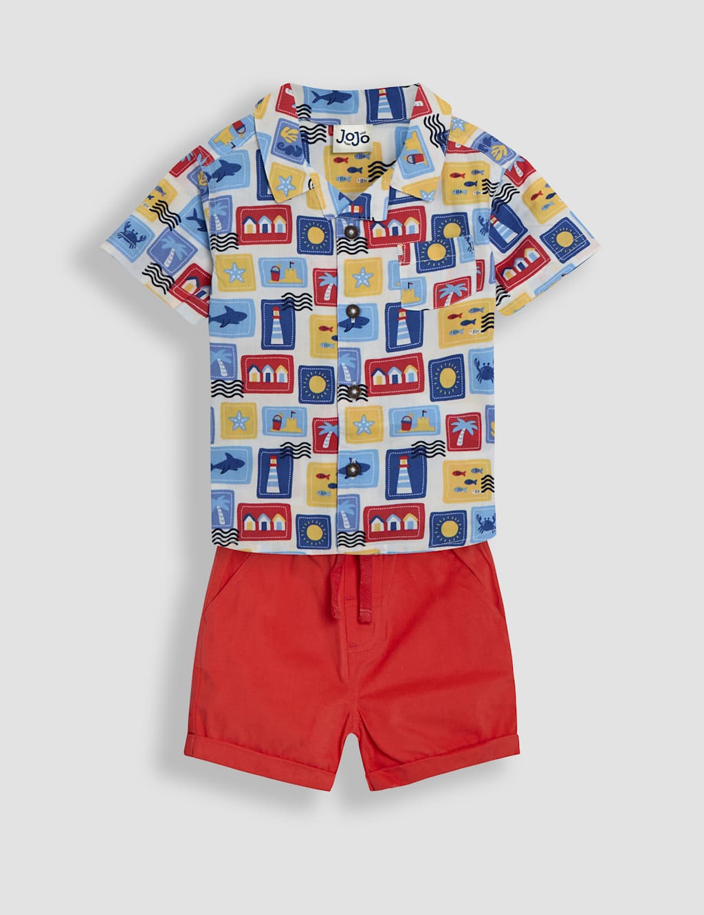 Jojo Maman Bébé Boys 2pc Pure Cotton Twill Seaside Shirt Outfit (6 Mths-5 Yrs) - 6-12M - Multi, Multi