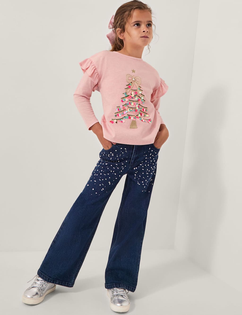 Monsoon Pure Cotton Sequin Christmas Tree T-Shirt (3-13 Yrs) Pink Mix