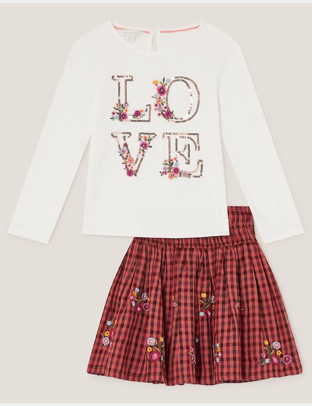 Monsoon 2pc Pure Cotton Gingham Top & Bottom Outfit (3-13 Yrs) Ivory Mix