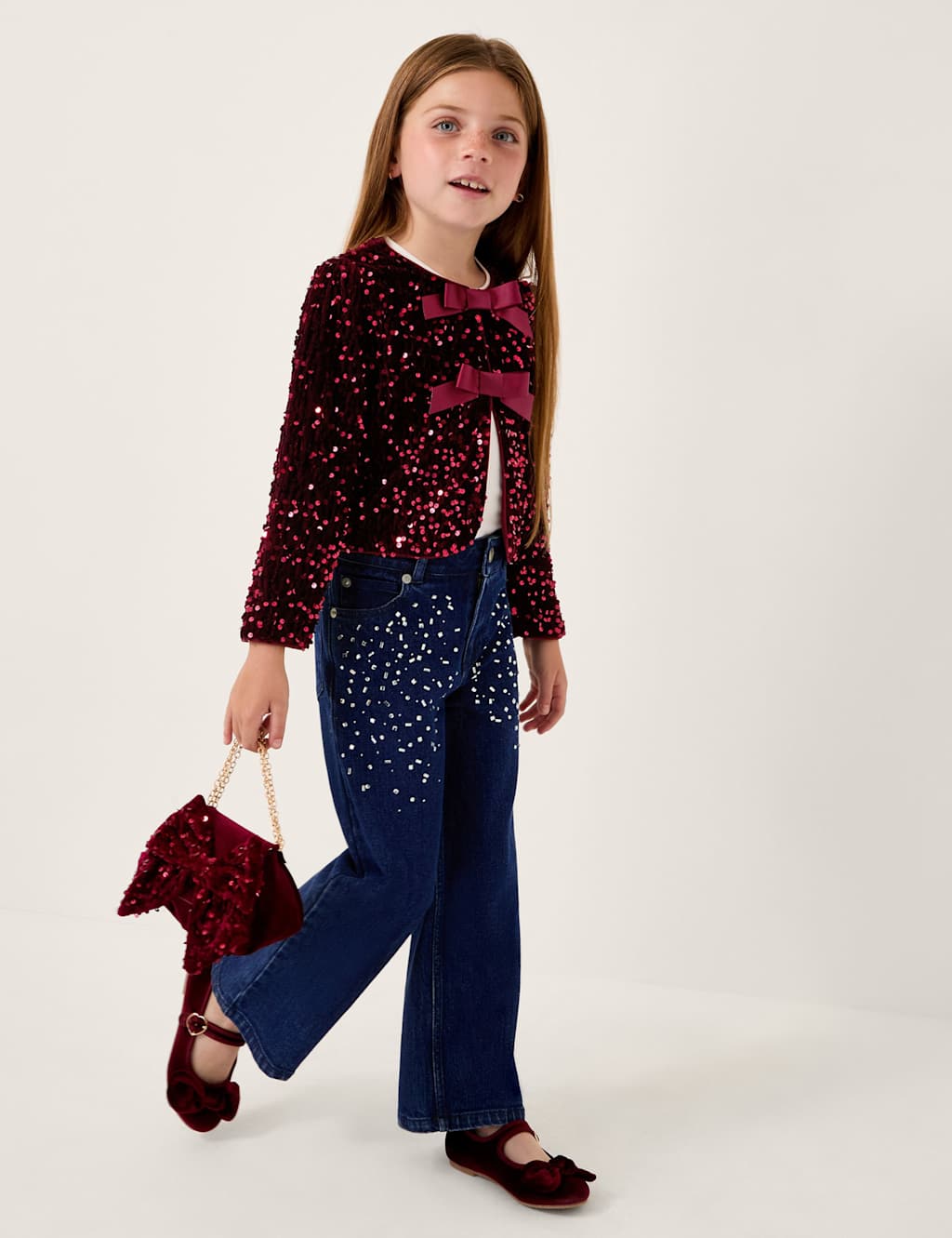 Monsoon Velvet Sequin Bow Party Jacket (3-15 Yrs) Burgundy Mix