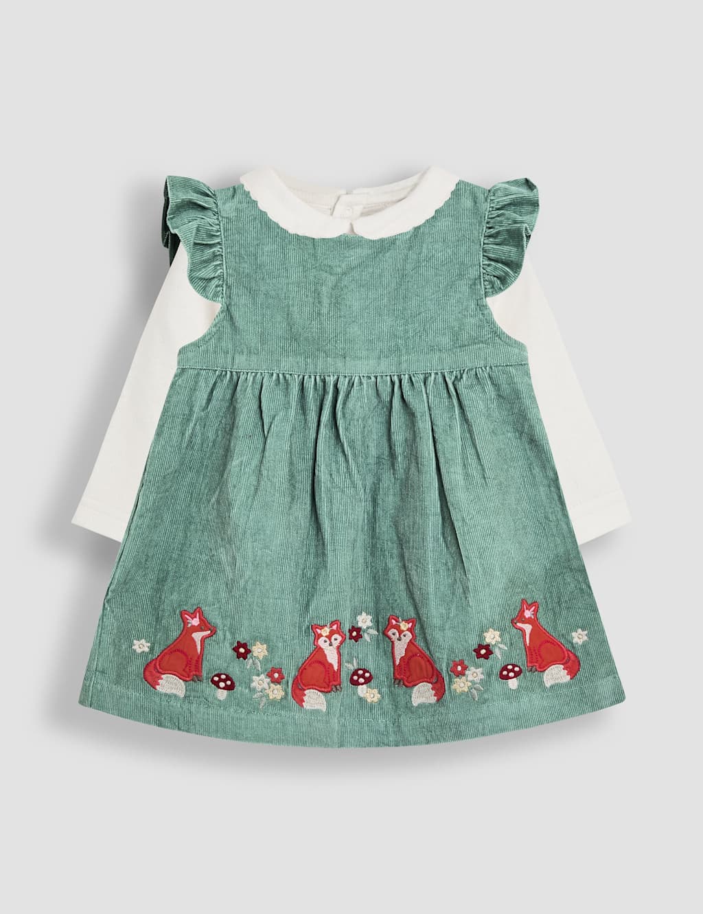 JoJo Maman Bb 2pc Pure Cotton Fox Appliqu Dress Outfit (0-24 Mths) Green