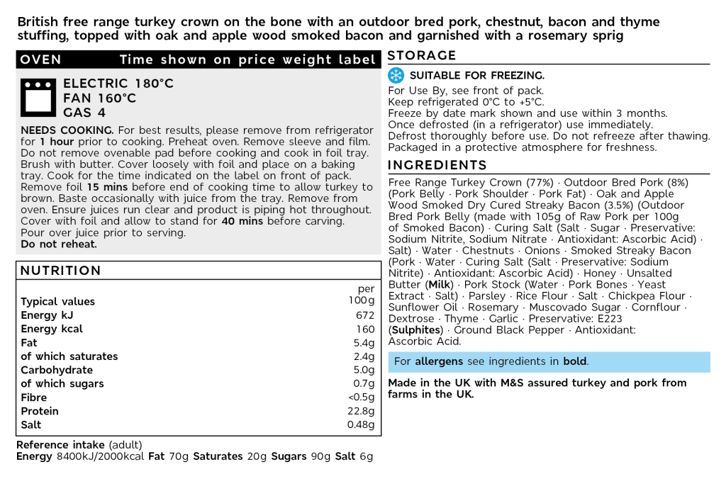 Collection British Free Range Stuffed Turkey Crown (Serves 6-14) back of pack image