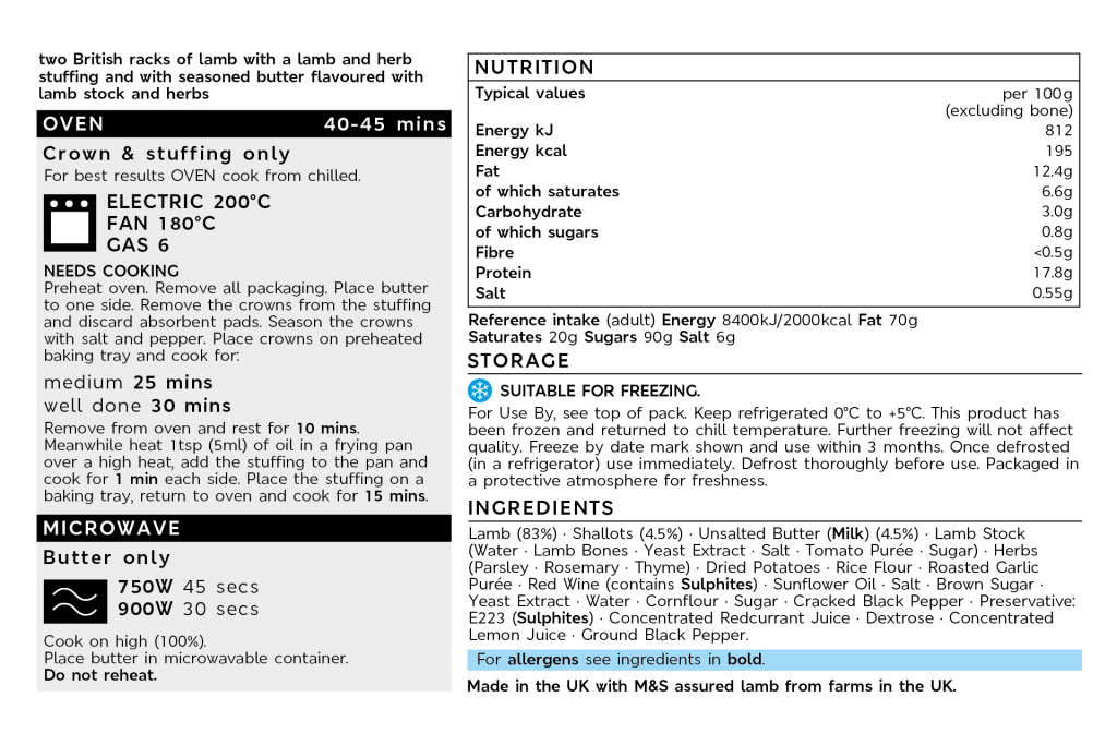 Collection Lamb Crown (Serves 4) back of pack image