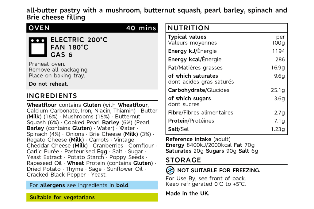Brie, Butternut & Mushroom Wellington (Serves 4) back of pack image