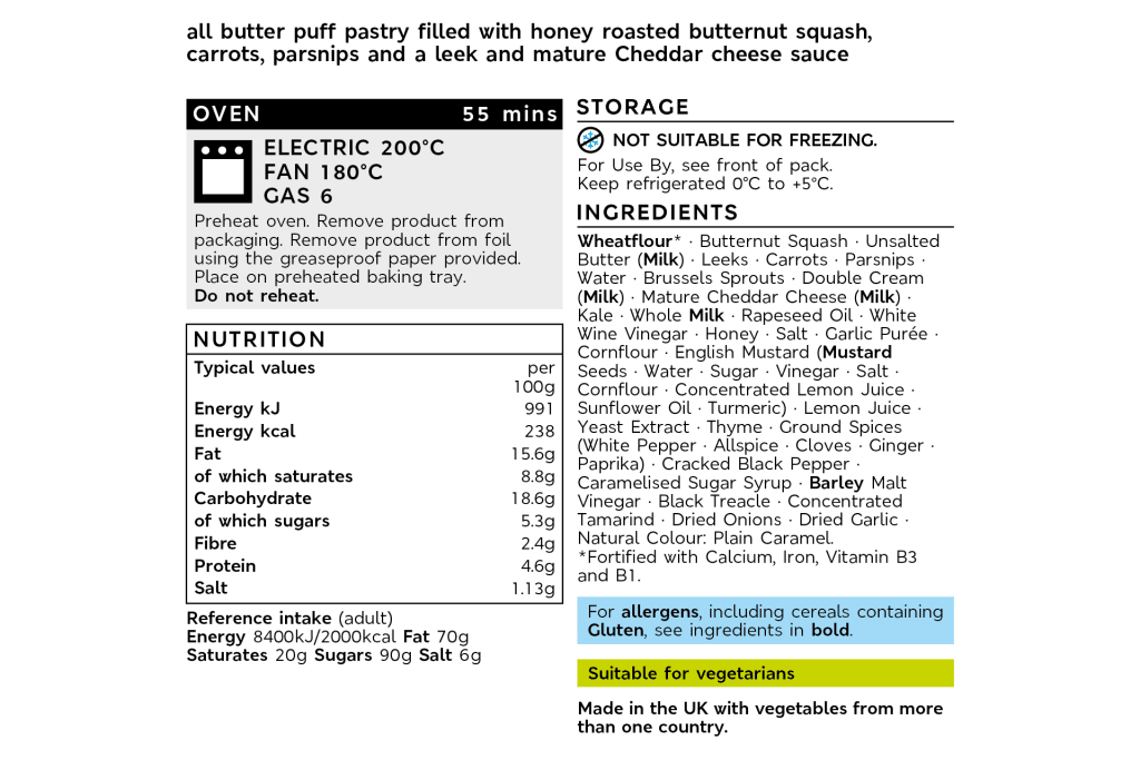 Collection Handcrafted Honey Glazed Vegetable & Barber’s Cheddar Tart (Serves 4) back of pack image