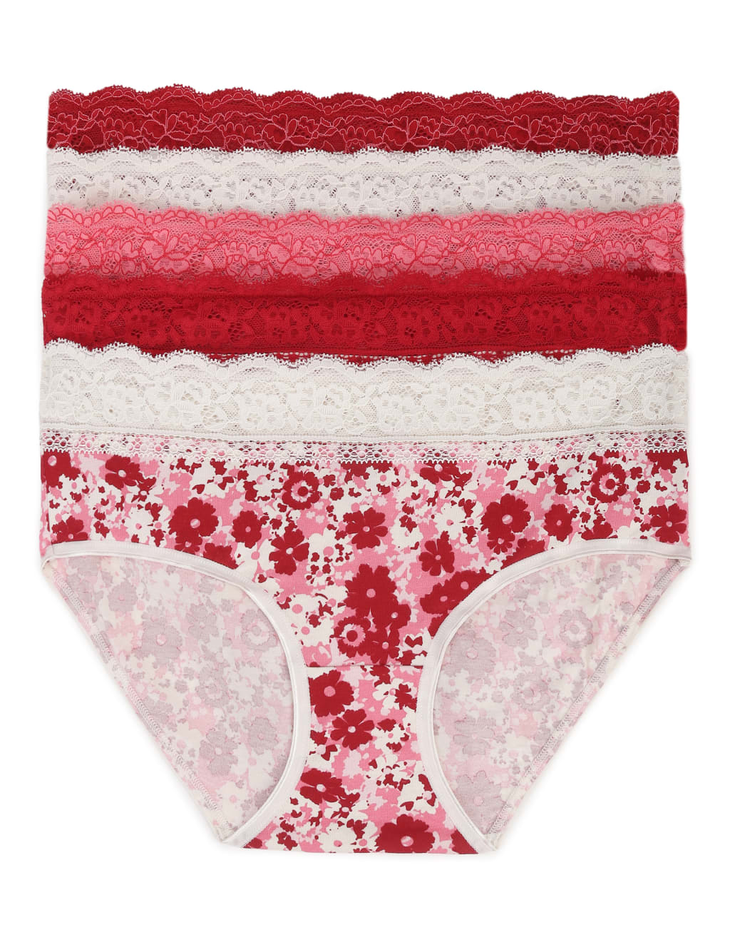 M&S 5Pk Lace Waist Midi Floral Knickers Red Mix