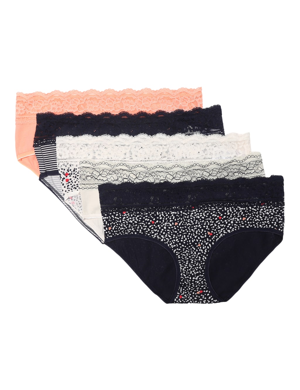 M&S 5Pk Lace Waist Midi Floral Knickers Navy Mix