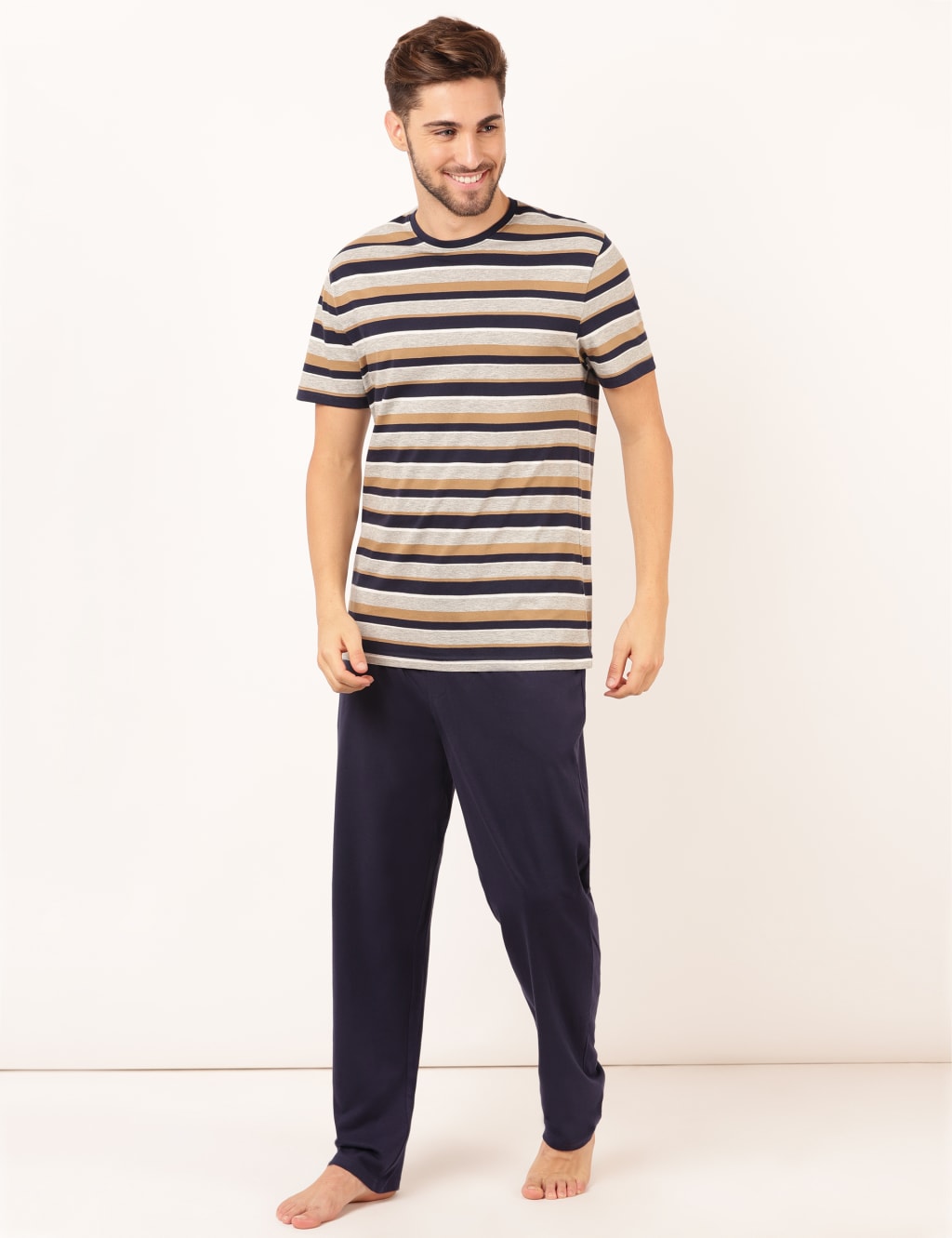 M&S Pure Cotton Multi Stripe Pyjama Set Navy Mix
