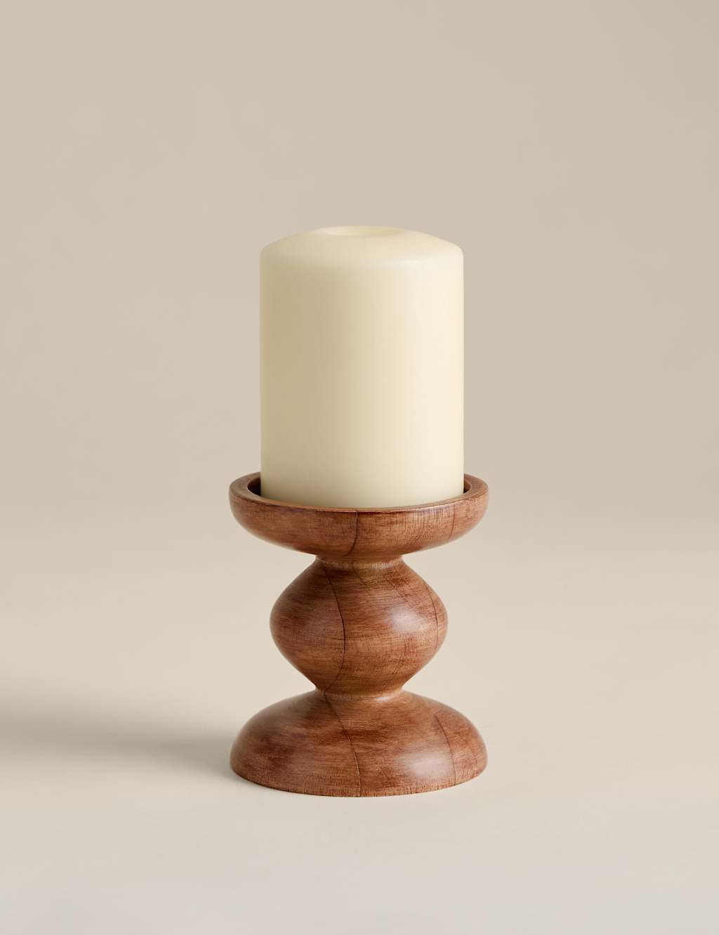 M&S Bobbin Wooden Pillar Candle Holder - Natural