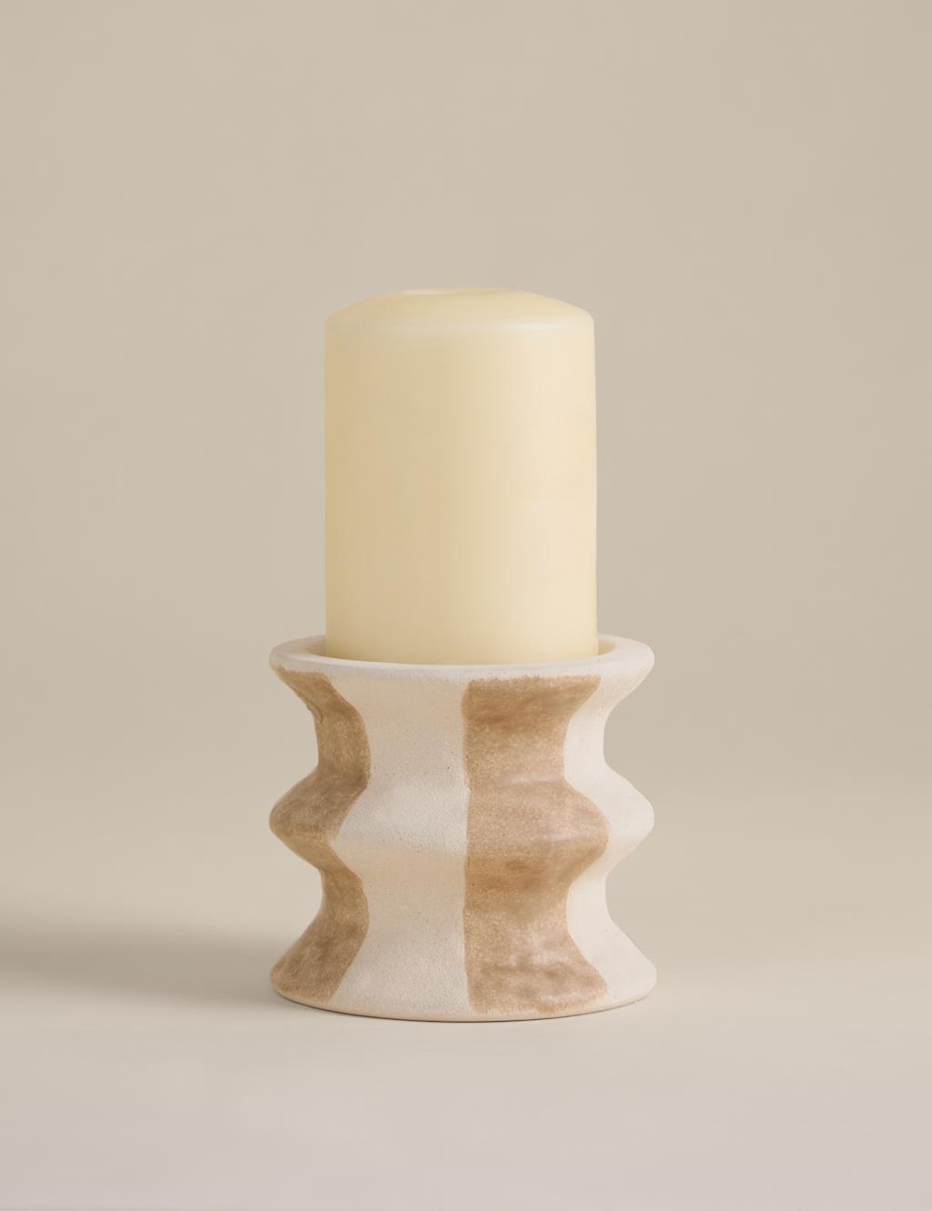 M&S Striped Ceramic Pillar Candle Holder - Neutral