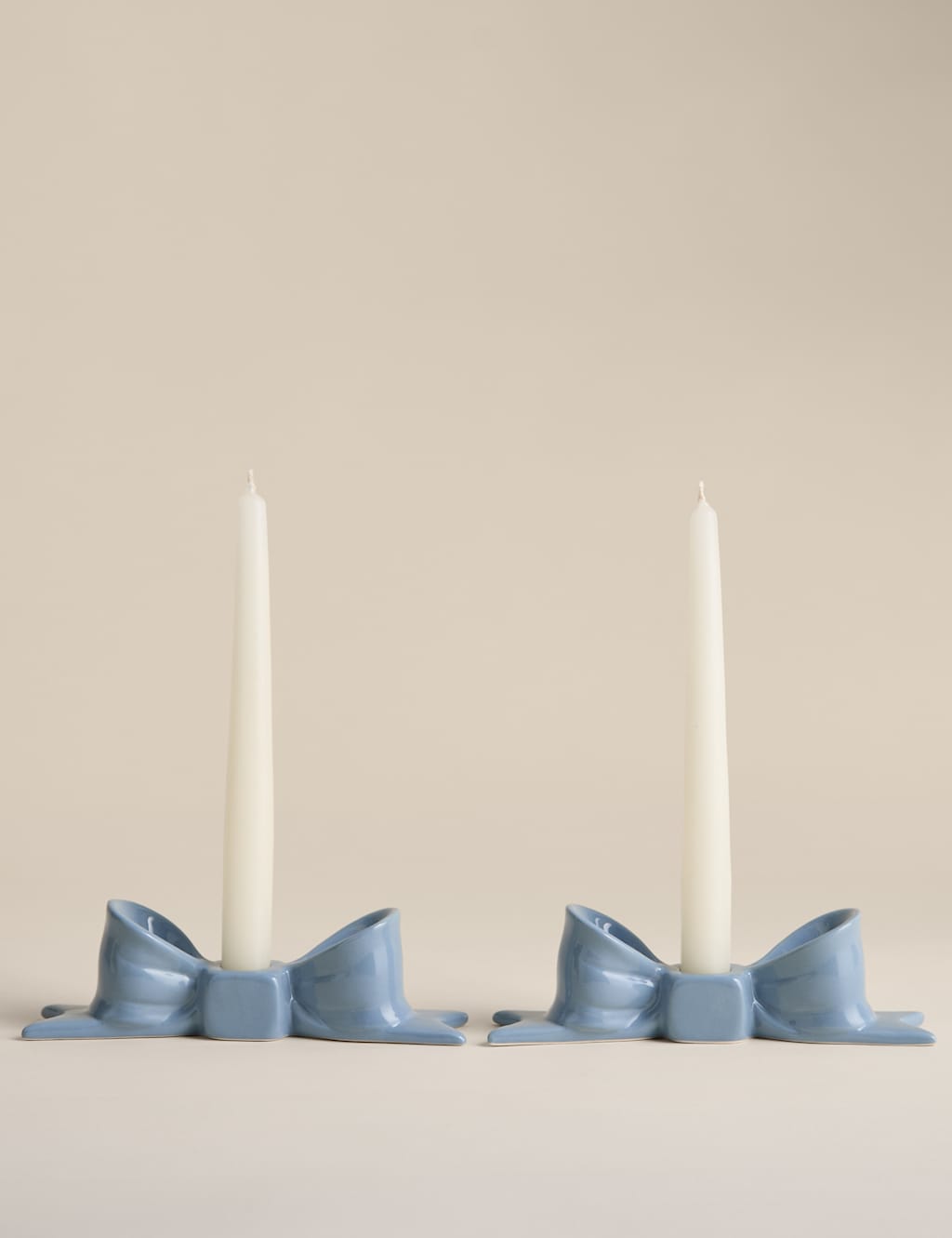 M&S 2 Pack Bow Ceramic Dinner Candle Holders Blue