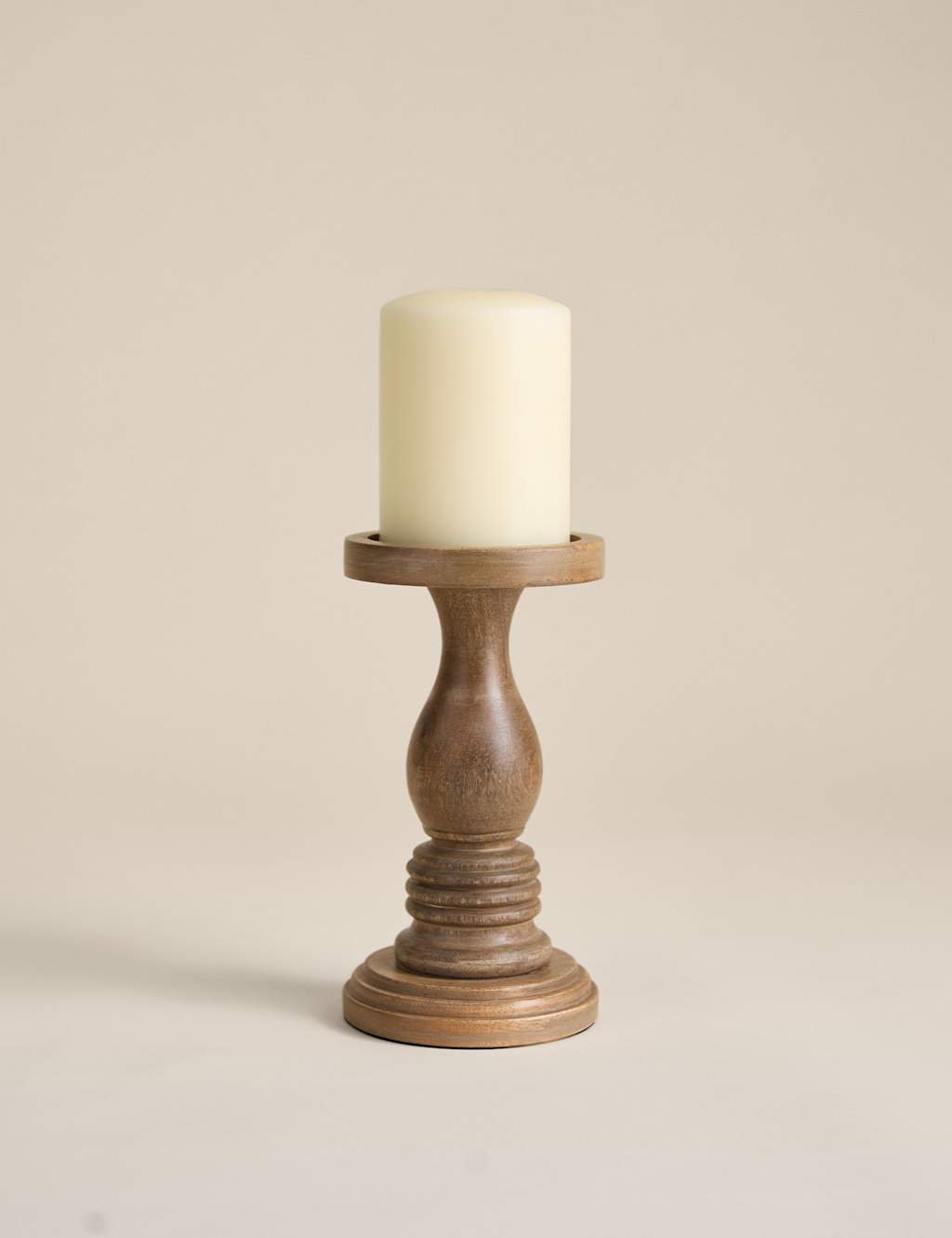 M&S Wooden Tall Pillar Candle Holder Natural