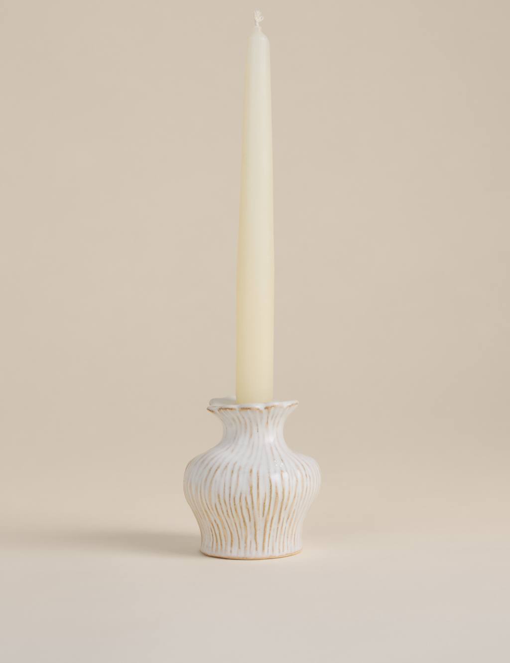 M&S Ridged Ceramic Dinner Candle Holder Neutral