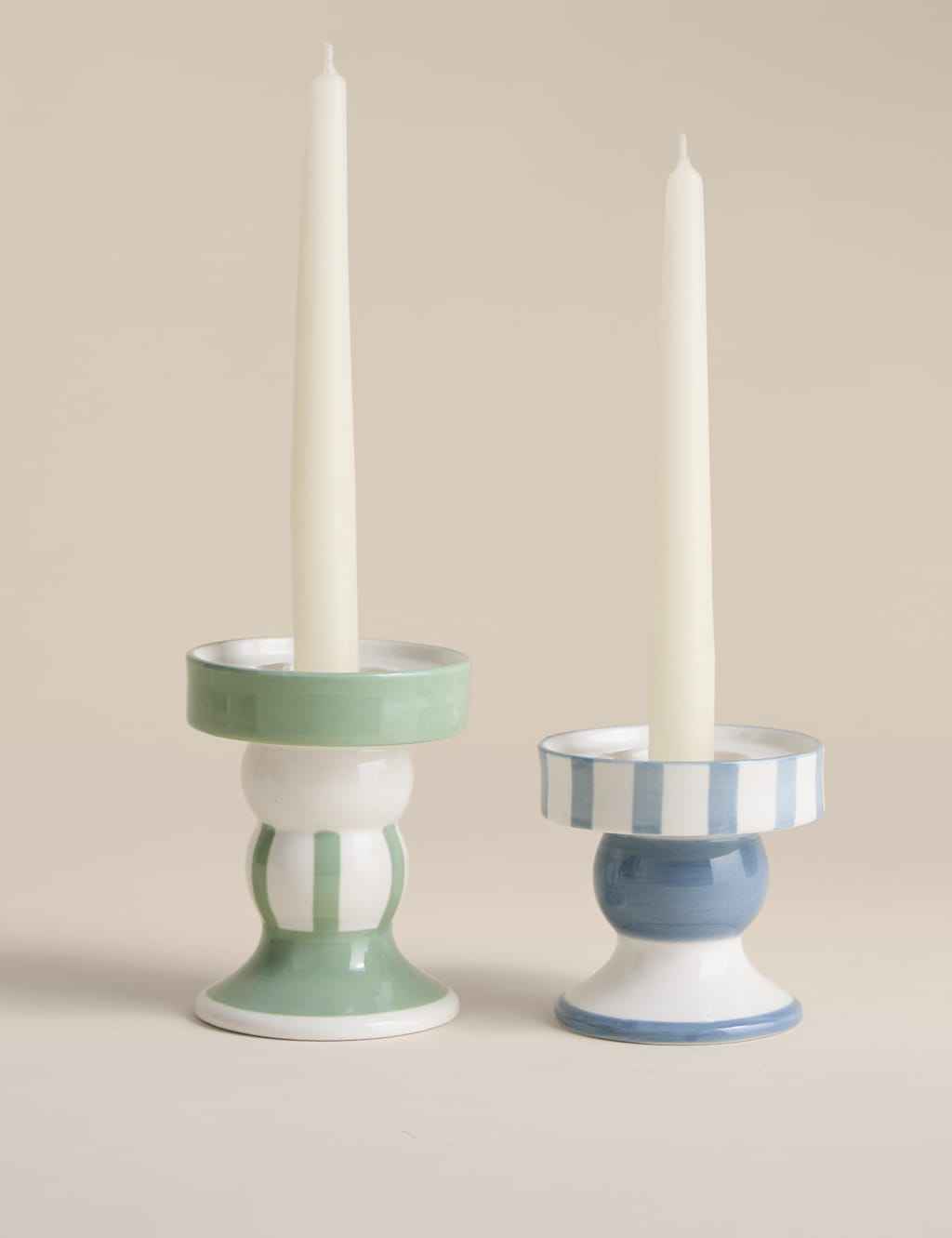 M&S Set of 2 Striped Ceramic Candle Holders Blue