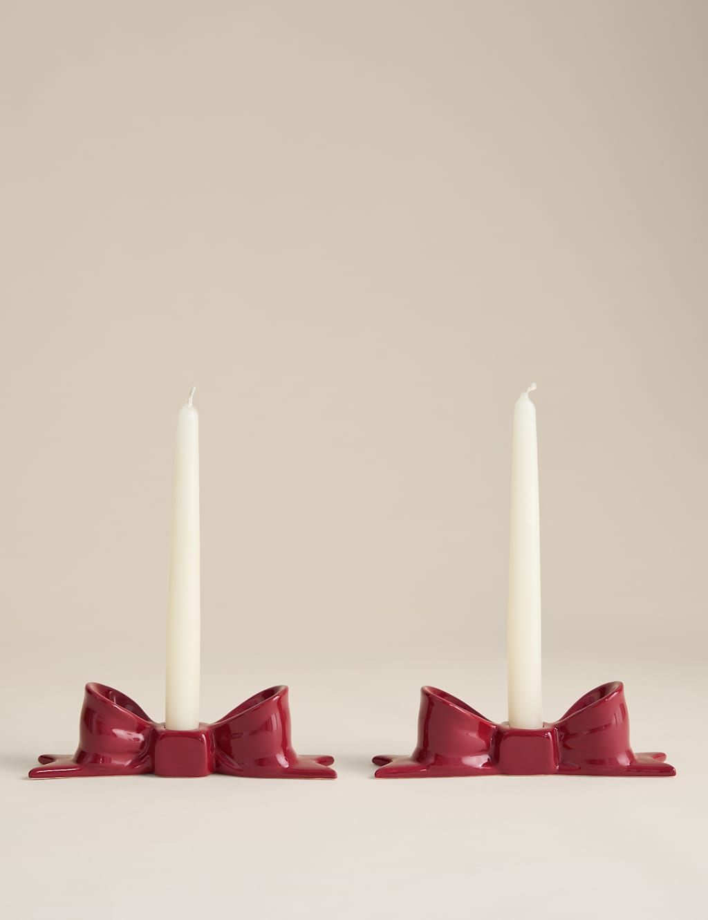 M&S 2 Pack Bow Ceramic Dinner Candle Holders Red