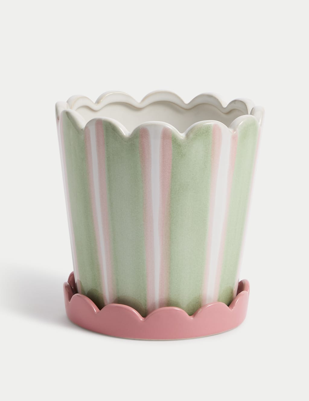 Scalloped Striped Ceramic Planter with Tray