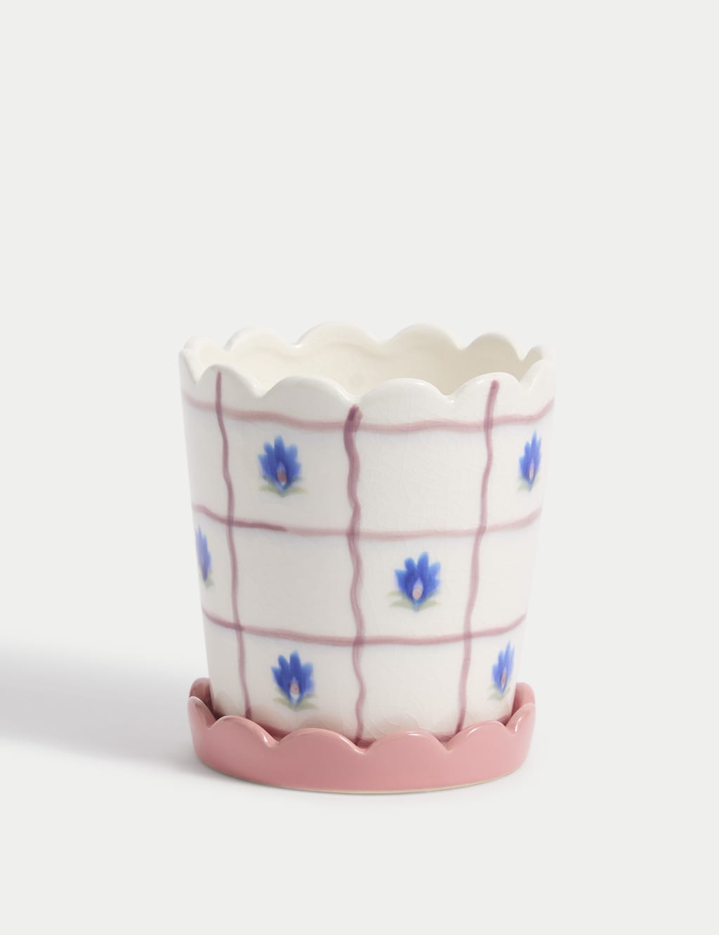 Check & Floral Ceramic Planter with Tray