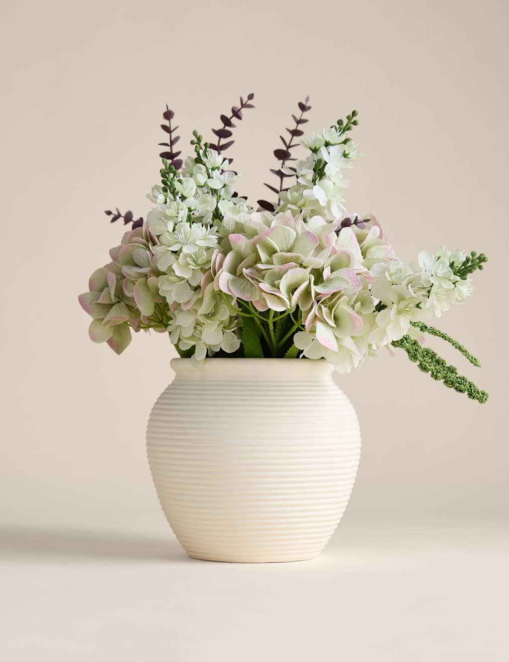 Moss & Sweetpea Artificial Hydrangea Arrangement in Magnesia Pot White