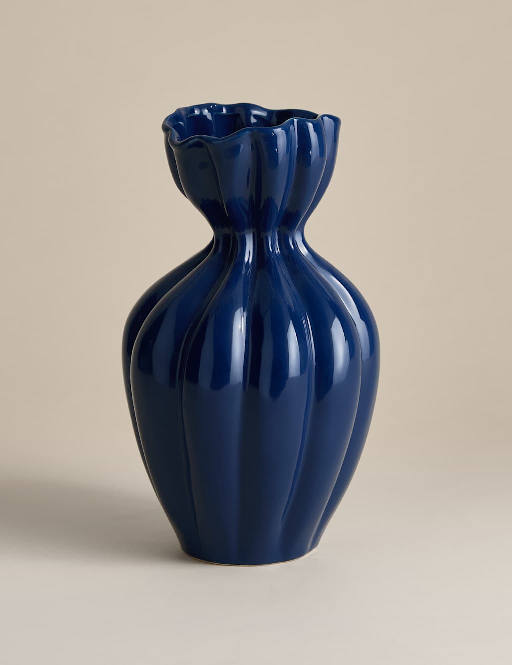 M&S Medium Fluted Neck Ceramic Vase Blue
