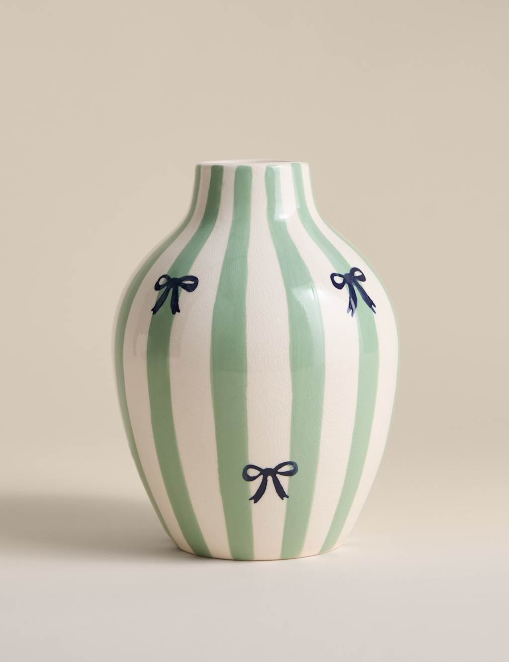 M&S Striped Bow Crackle Glaze Ceramic Vase Green