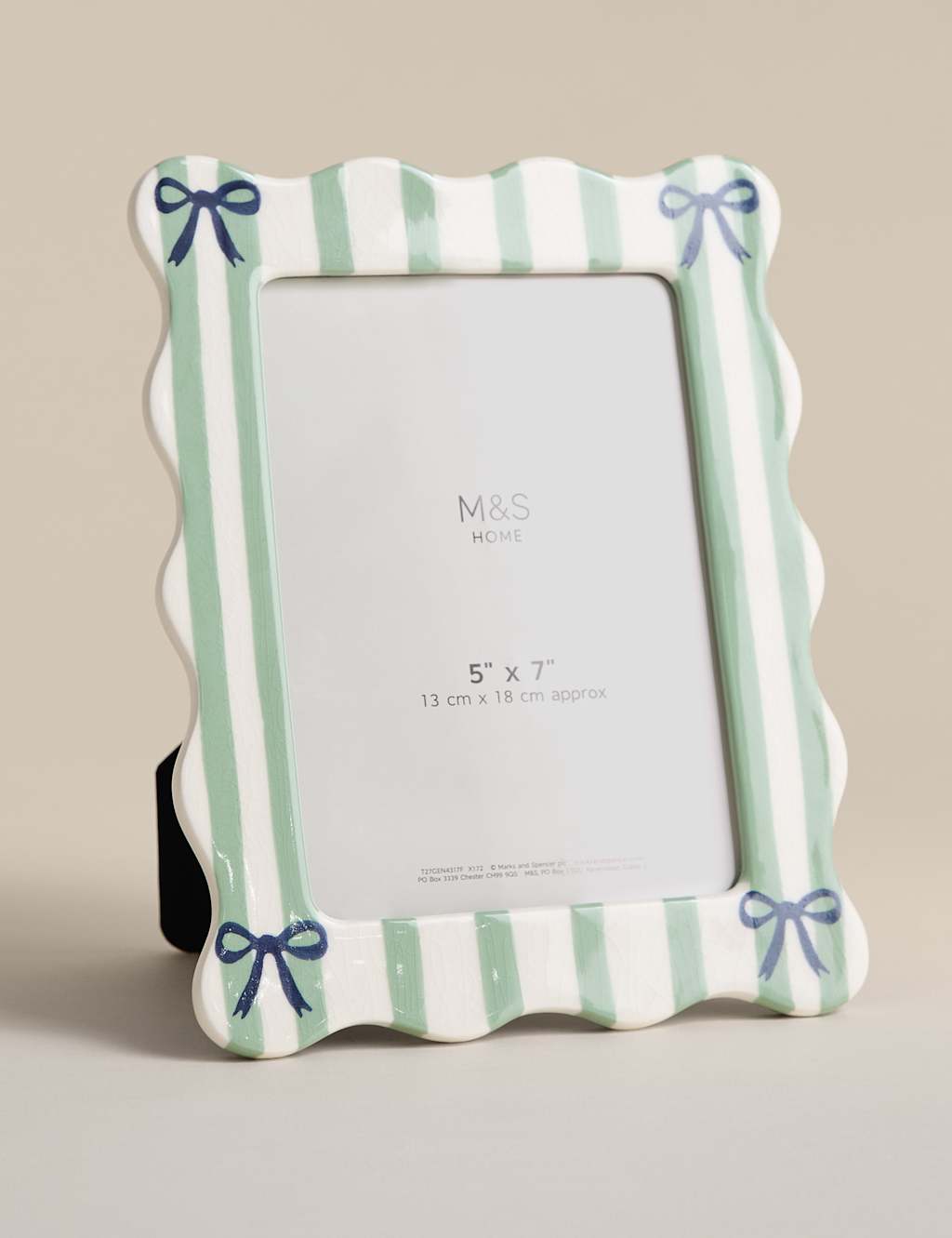 M&S Ceramic Striped Bow Photo Frame 5x7 inch Green