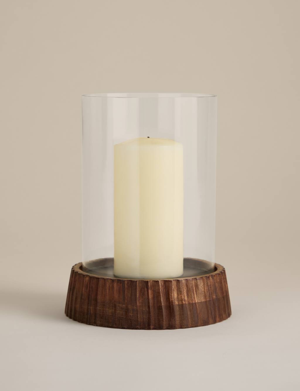 M&S Ridged Wooden Base Hurricane Candle Holder Natural