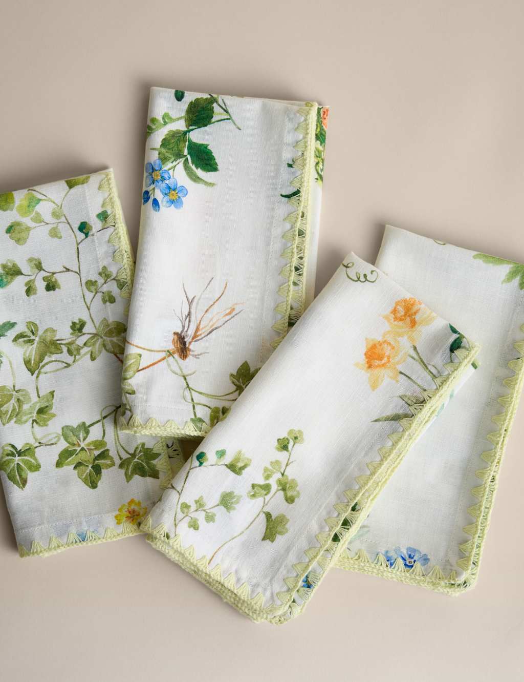 M&S Set of 4 Cotton with Linen Floral Napkins - Green Mix